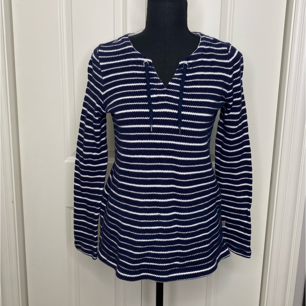 Talbots 100% Cotton Navy and White Striped Nautical Sweater Women Size Petite